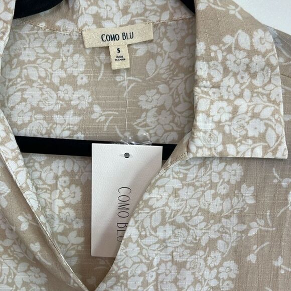 Tan and White Floral Print Button Front Blouse - Picture 2 of 3